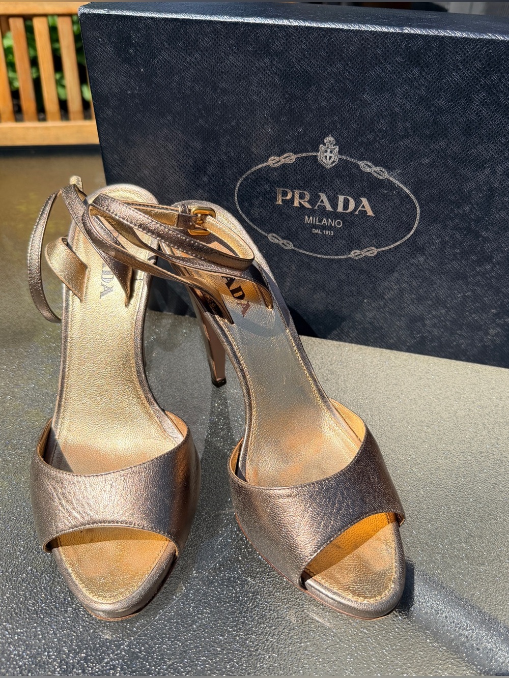 Prada Bronze Metallic Open-Toe Heels